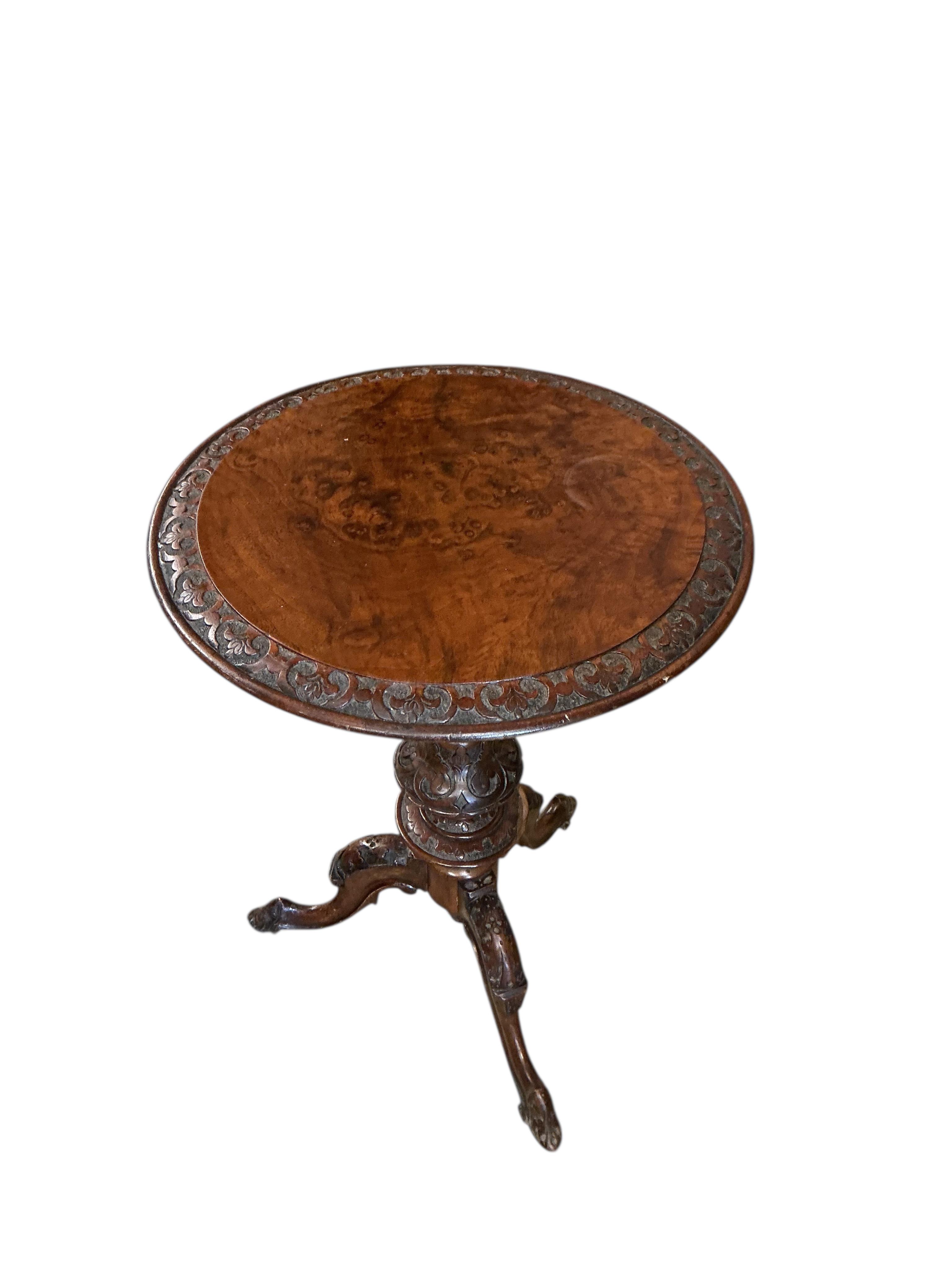 A Victorian burr walnut tripod wine table, diameter 50cm, height 69cm